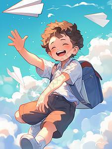 背着渔网的男孩开心玩纸飞机的卡通小男孩插画