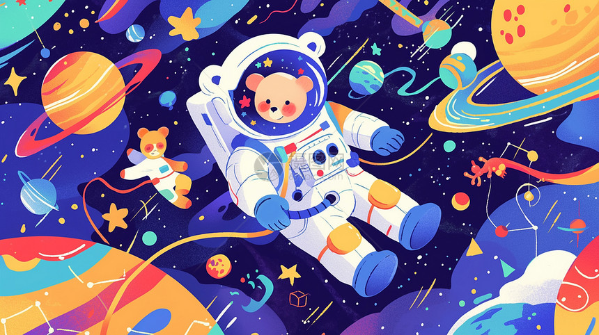 穿着宇航服在太空中的卡通小熊插画图片