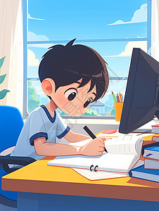 在书桌上认真写作业的卡通小男孩插画