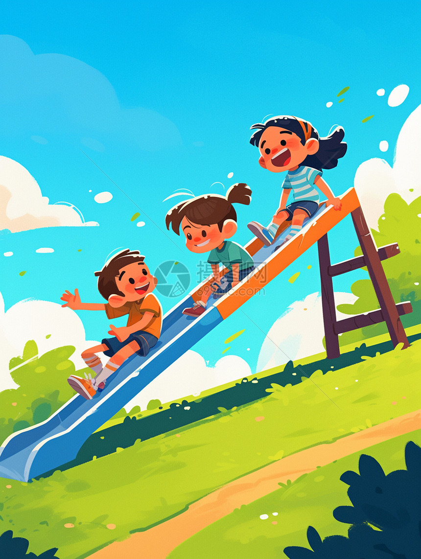 几个可爱的卡通小朋友在一起玩滑梯图片