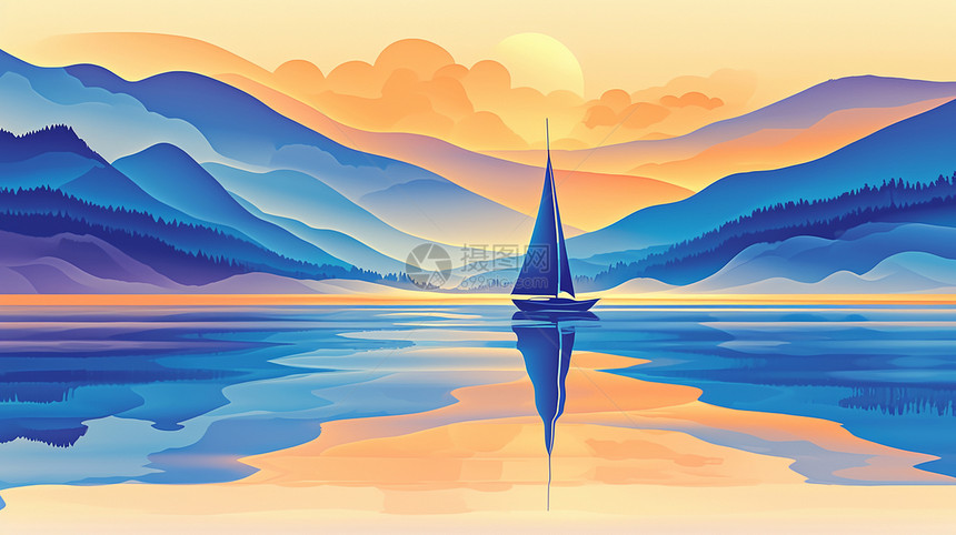 彩色唯美梦幻的卡通山川湖中心一艘卡通帆船图片