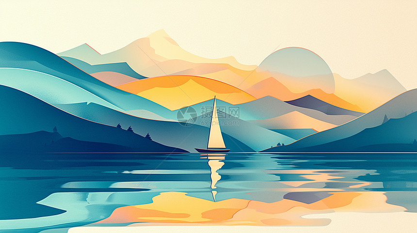 彩色梦幻的卡通山川湖中心一艘卡通帆船图片