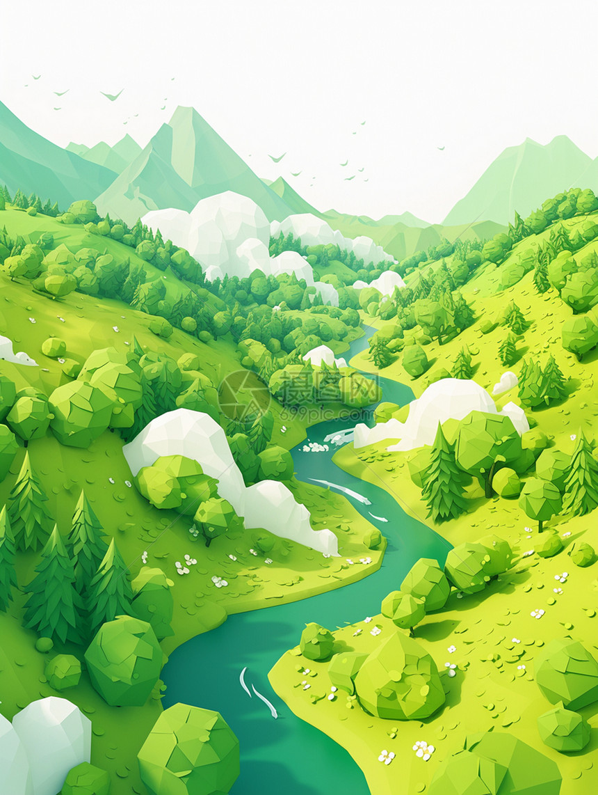 绿色青山间流出的一条蜿蜒的小河图片