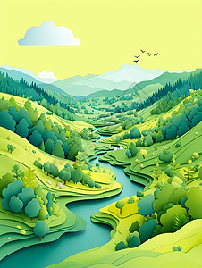 卡通小河从青山间流出一条蜿蜒的小河插画