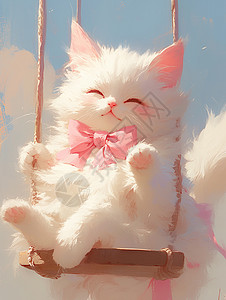 白色可爱的卡通小猫在荡秋千高清图片