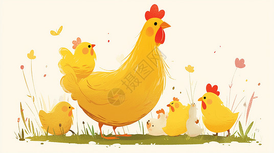 鸡妈妈和一群小鸡插画