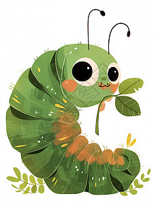 绿色调可爱的卡通小虫子与一枚小小的树叶插画