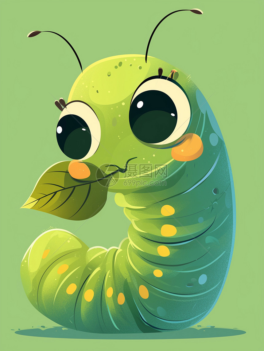 绿色调大眼睛可爱的卡通小虫子和一枚小小的树叶图片