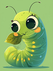绿色调大眼睛可爱的卡通小虫子和一枚小小的树叶插画