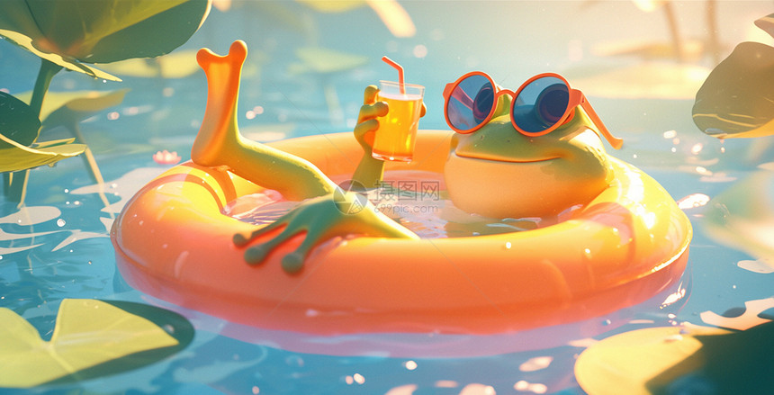 戴着墨镜的立体卡通黏土风小青蛙悠闲的躺在游泳圈上喝饮料图片