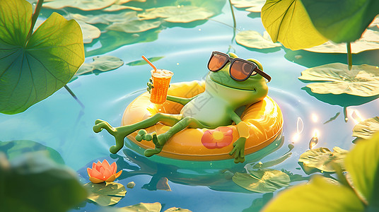 3D泳池一只戴墨镜的立体卡通黏土风小青蛙悠闲的躺在游泳圈上喝饮料插画
