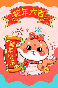 竖图海报可爱卡通新年春节新年快乐蛇插画插画