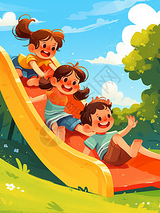 一家人玩滑梯在公园一起玩滑梯的可爱卡通小朋友插画