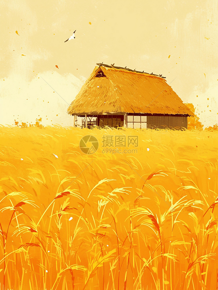 金黄色的麦子地中一座卡通小草屋图片