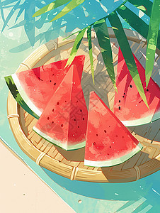 美味与夏天竹盘子中几块切开的美味卡通西瓜插画