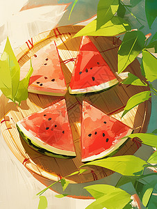 铺满水果在竹盘子中切开的美味卡通西瓜插画