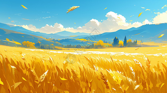粮食素材白云下一大片金黄色的卡通麦田插画