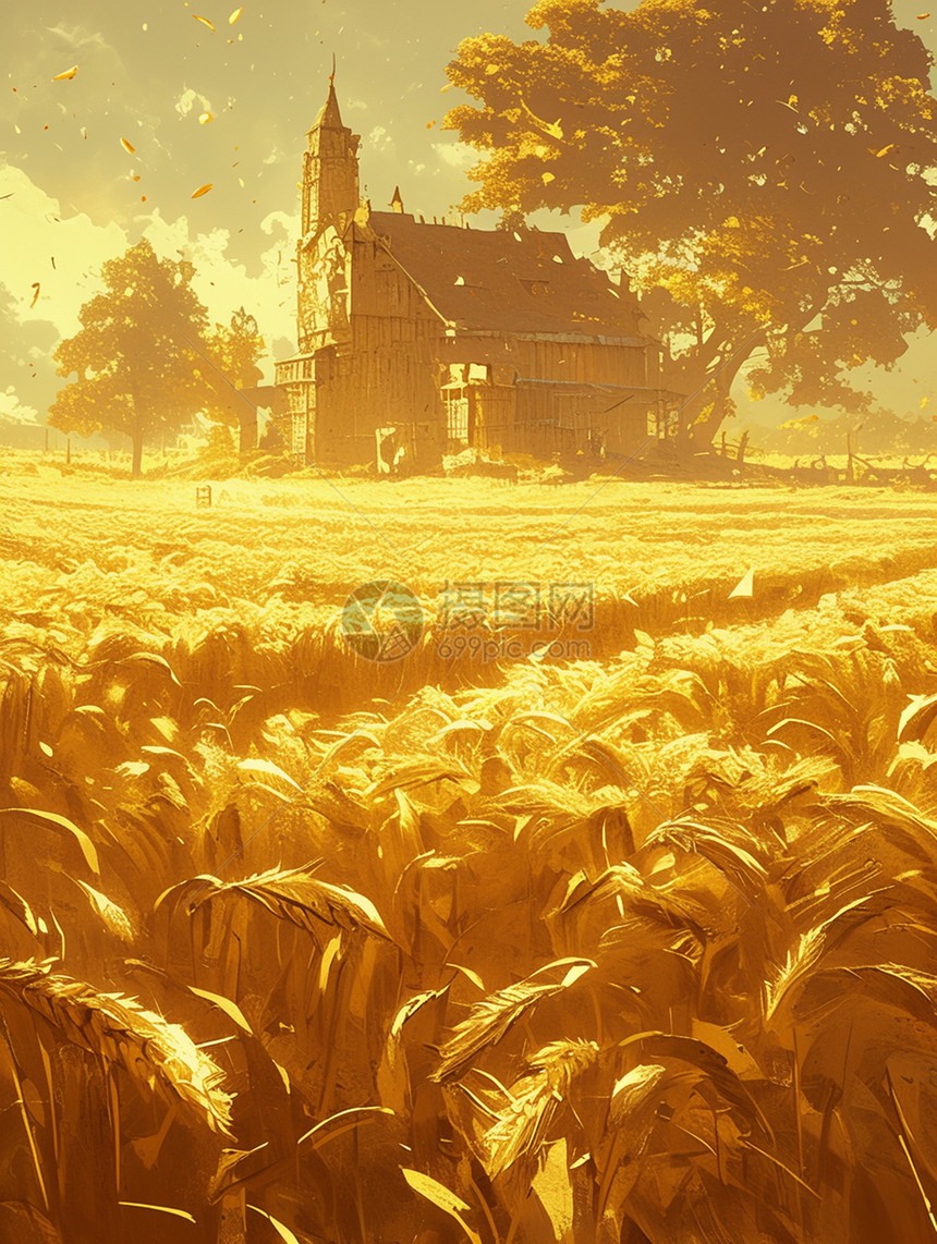 傍晚金黄色的田地中一座卡通草屋图片