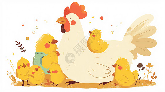 鸡宝宝点赞老母鸡和可爱的卡通小鸡插画