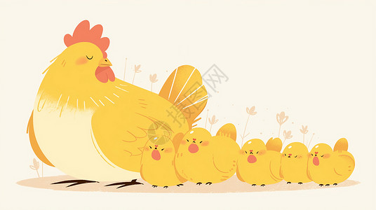 可爱卡通小鸡老母鸡和一群卡通小鸡插画