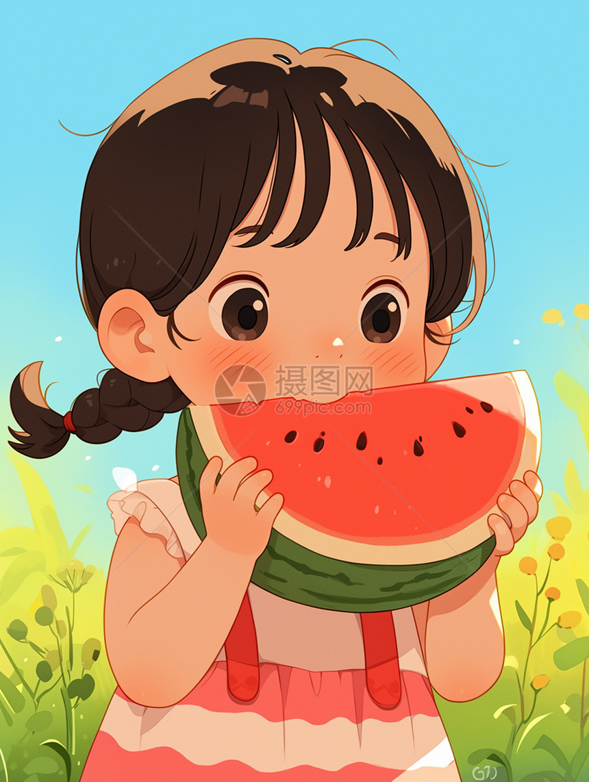 夏天正在开心吃西瓜的卡通小女孩图片