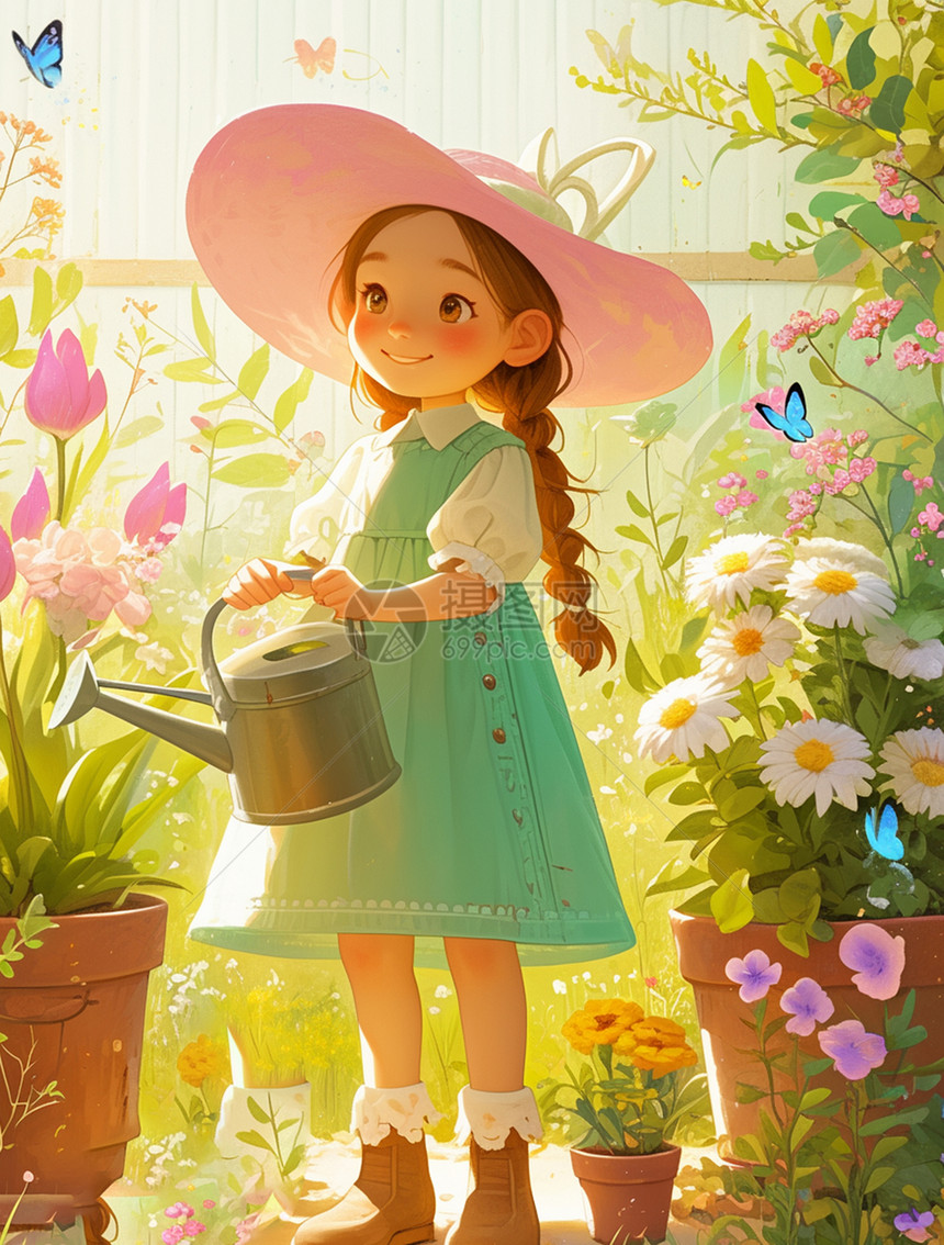 花园中戴着草帽正在浇花的可爱卡通小女孩图片