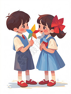 玩风车男孩两个一起玩彩色风车的卡通小学生插画
