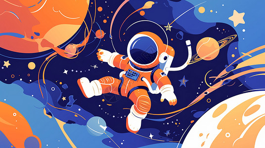 太空蓝身穿太空服在太空中遨游的卡通宇航员插画