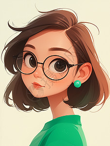 泼墨框戴黑框眼镜和绿色耳饰的卡通女人插画