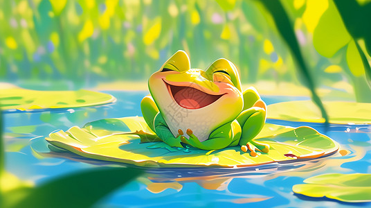 青蛙背景蹲在荷叶上的一只可爱的绿色卡通小青蛙插画