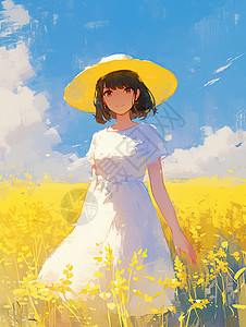 手绘遮阳帽身穿白色连衣裙戴着遮阳帽在风中的唯美卡通女孩插画