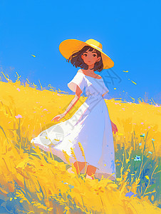 花椒地穿白色连衣裙戴着遮阳帽在风中的唯美卡通女孩插画