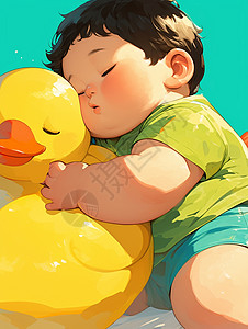 米尔卡特抱小黄鸭玩具睡觉的卡通小胖孩插画