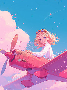 正在飞机素材正在空中开飞机的卡通女孩插画