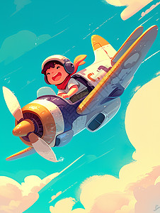 一个卡通小男孩坐在飞机上在空翱翔卡通插画高清图片