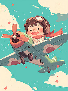 一个小男孩坐在飞机上在空翱翔卡通插画高清图片