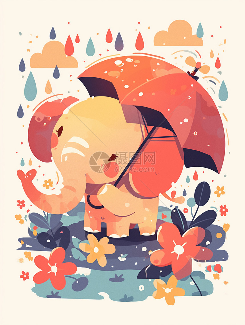雨中举小雨伞的可爱卡通小象图片