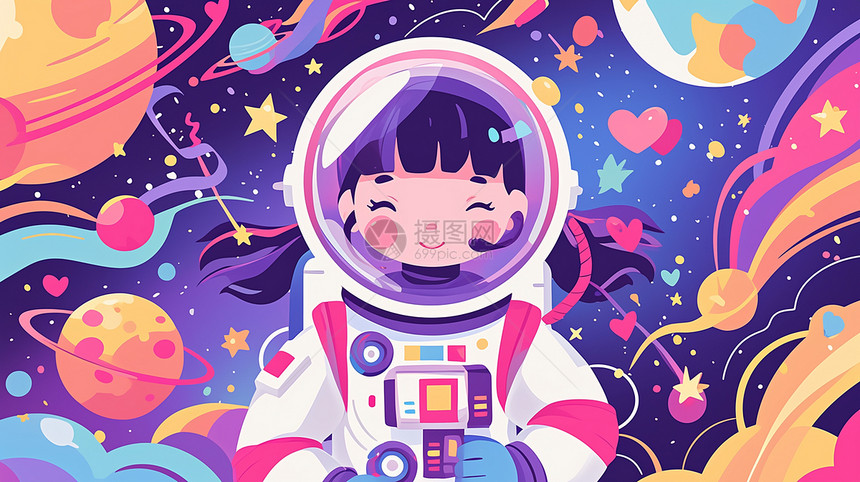 梦幻彩色涂鸦太空中的卡通宇航员图片