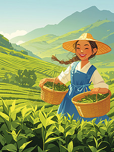 戴头巾的农民戴着草帽在采茶园中忙碌开心笑的卡通女孩插画