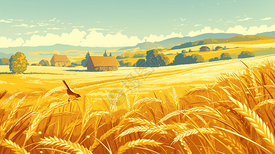 美丽地美丽的卡通麦子地插画