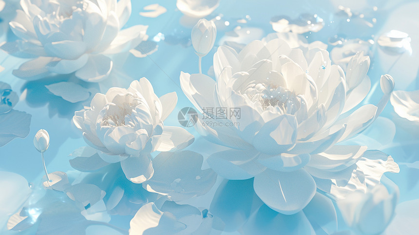 淡蓝色调盛开唯美的卡通白莲花图片