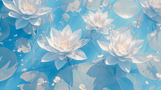 淡蓝色调唯美的卡通白莲花背景图片