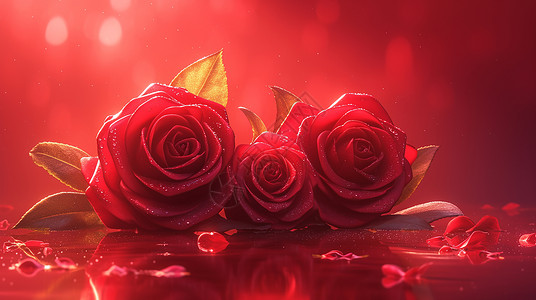 唯美红玫瑰三朵梦幻唯美的卡通红玫瑰插画