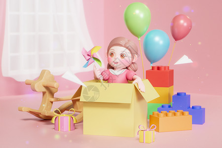 箱子里玩具坐在箱子里拿风车的女孩设计图片