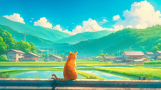 墙内坐在墙头上看向远方村庄的卡通橘猫背影插画