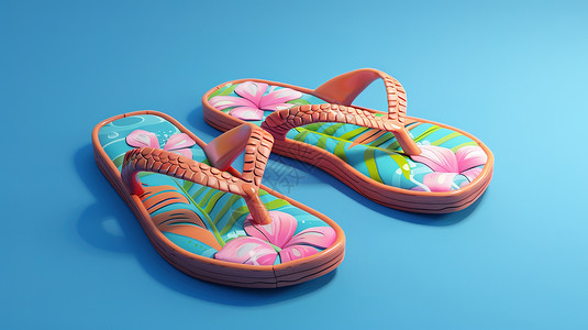 卡通拖鞋一双沙滩拖鞋3D图标插画