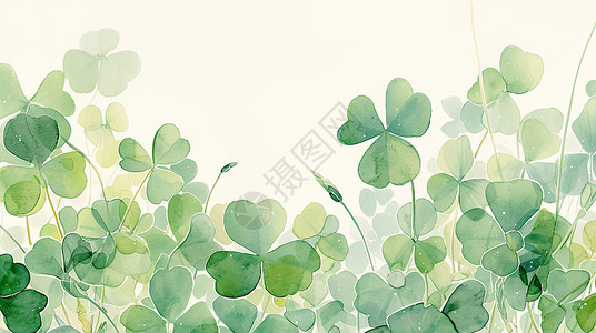 淡绿色色背景绿色透明叶子的卡通叶草植物插画