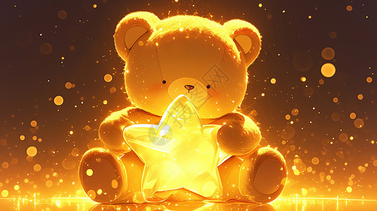 小熊玩偶和礼盒夜晚一只可爱的玩偶小熊抱着发光的星星插画