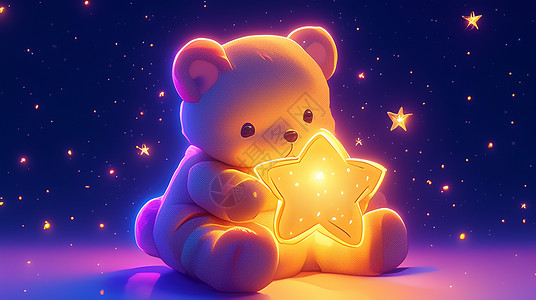 卡通熊表情夜晚一只可爱的玩偶小熊抱着星星插画