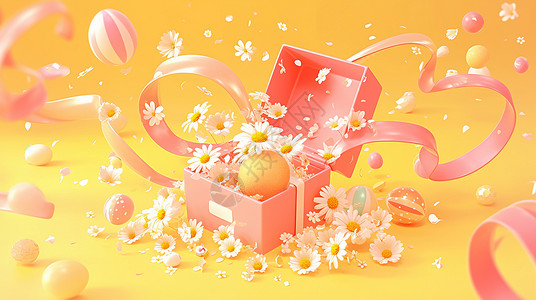 粉色飘带喜庆的卡通礼物盒插画
